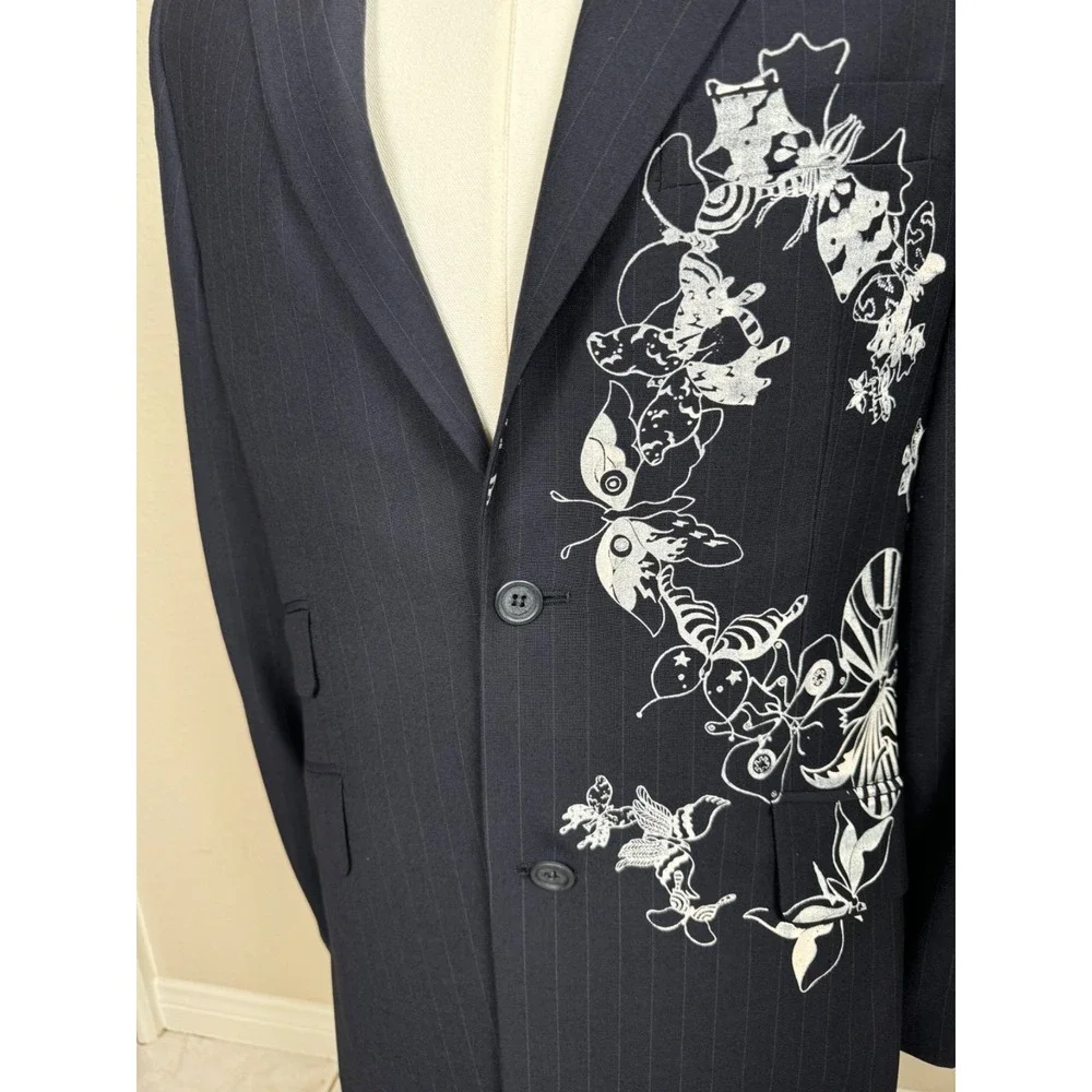 Topman Men's 38 black Pinstripe Graphic Art Blazer Wool Blend Statement 3144